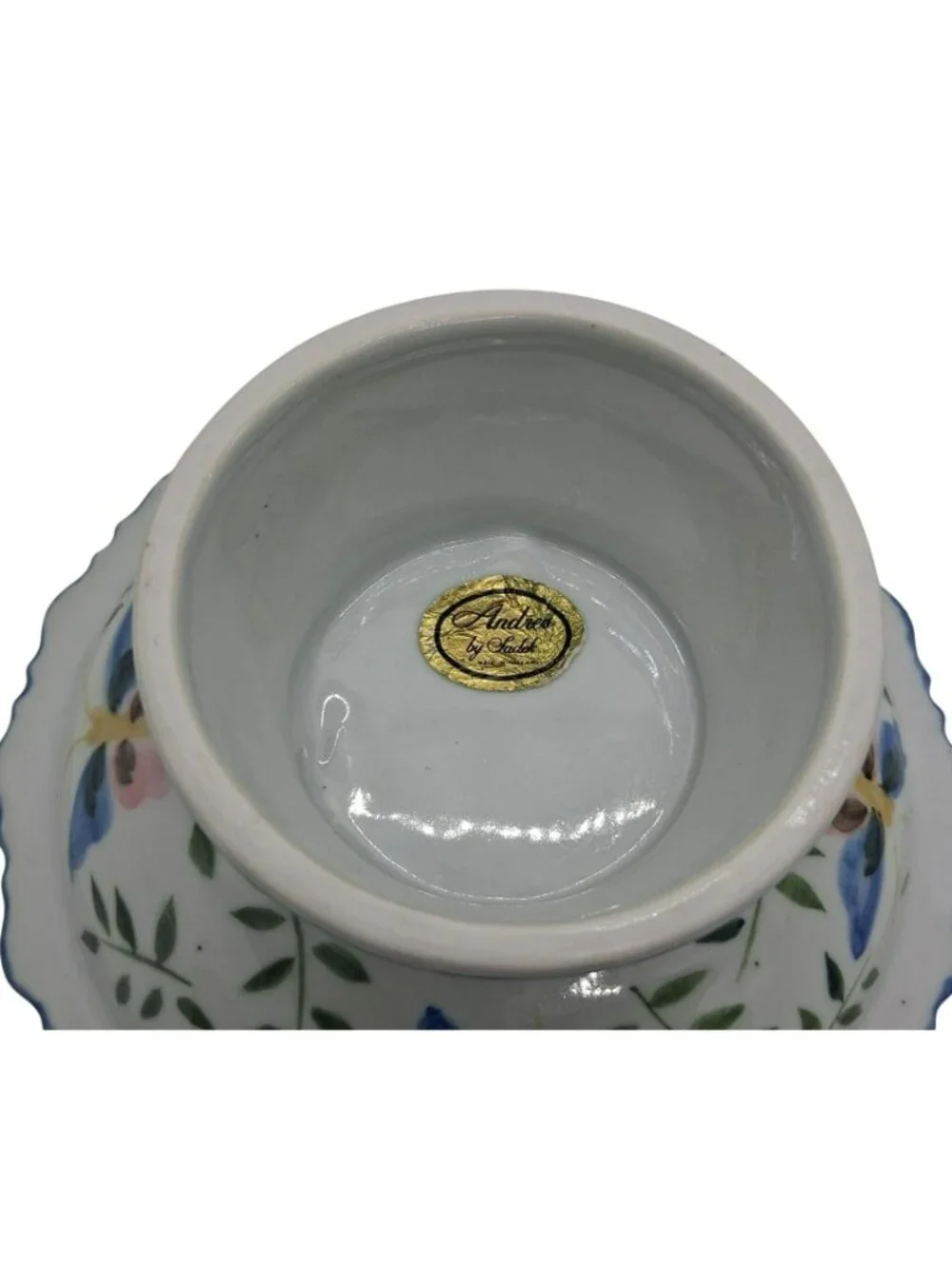 Andria By Sadek Pedestal Bowl Porcelain Butterfly Floral Pattern Scalloped Edge